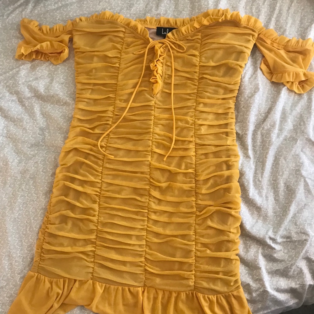 Yellow ruched off the shoulder dress